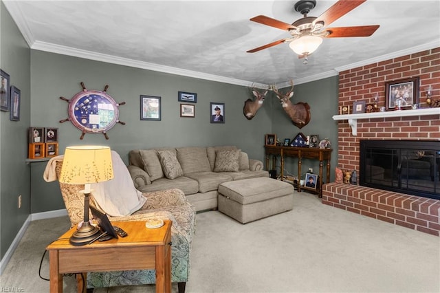 living room featuring crown molding, carpet, a ceiling fan, and a fireplace