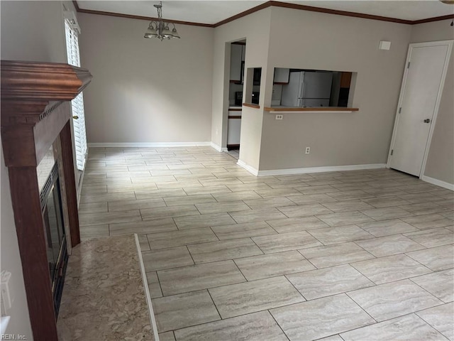 700 Rapidan River Ct Unit D, Chesapeake, VA 23320 - unfurnished living room featuring crown molding, baseboards, an inviting chandelier, and a fireplace