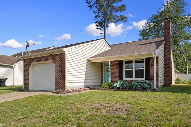 split level home featuring driveway, a chimney, brick siding, a front lawn, and an attached garage