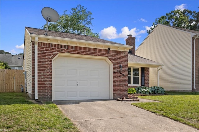 single story home with concrete driveway, brick siding, a chimney, and a front yard