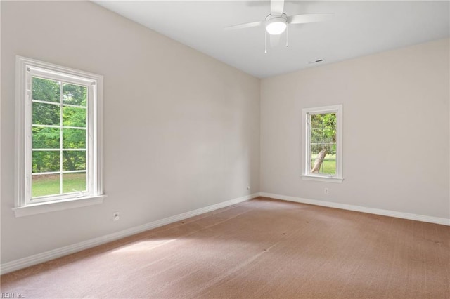 spare room featuring plenty of natural light, baseboards, and light colored carpet