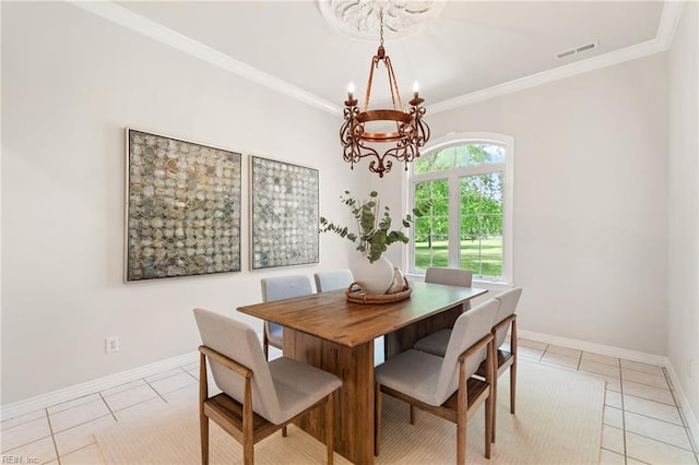 dining room featuring crown molding, light tile patterned floors, visible vents, and a notable chandelier