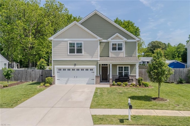 craftsman inspired home with fence, an attached garage, a front lawn, concrete driveway, and covered porch