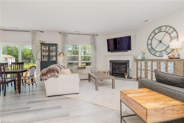 living room with a glass covered fireplace and light wood-type flooring