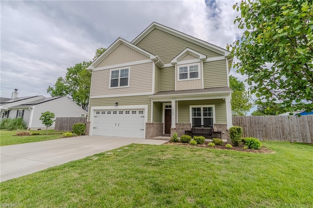 craftsman-style home featuring brick siding, fence, covered porch, and concrete driveway