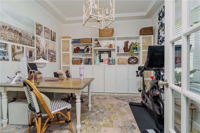 office area featuring an inviting chandelier and ornamental molding
