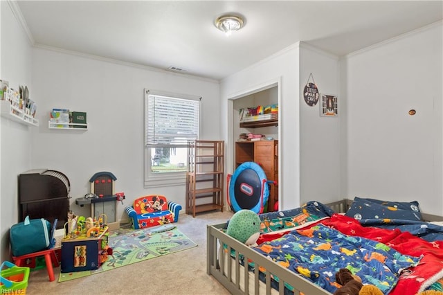 bedroom featuring carpet floors, crown molding, and visible vents