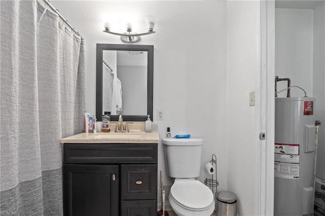 bathroom featuring vanity, toilet, and electric water heater