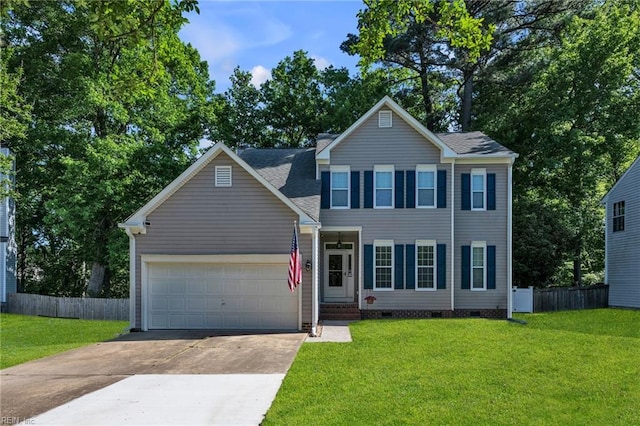 colonial inspired home featuring a front lawn, fence, crawl space, concrete driveway, and an attached garage