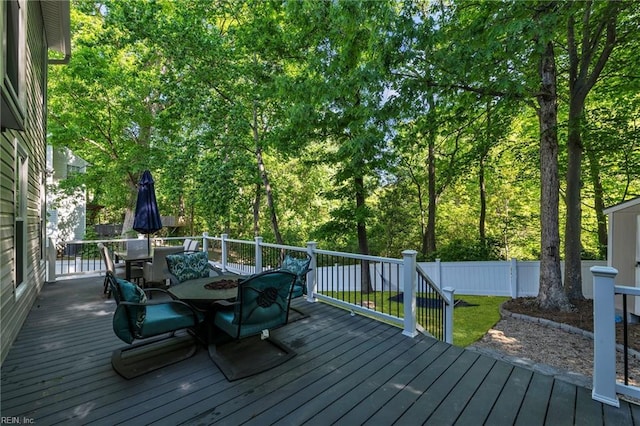 wooden deck featuring a fenced backyard and outdoor dining area