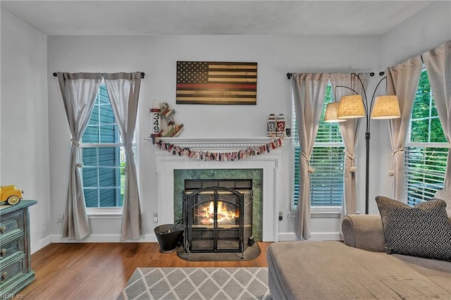 living room with baseboards, plenty of natural light, a lit fireplace, and wood finished floors