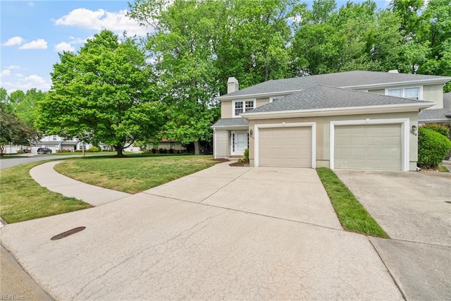 view of front of house featuring a shingled roof, a garage, a front yard, a chimney, and concrete driveway