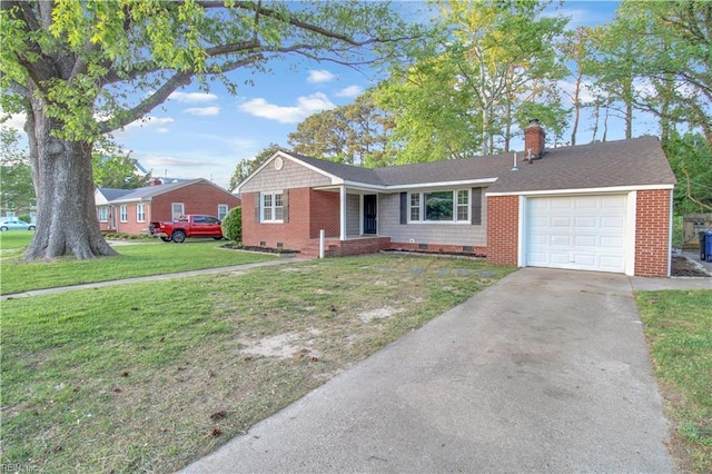 single story home with crawl space, a chimney, a garage, a front lawn, and concrete driveway