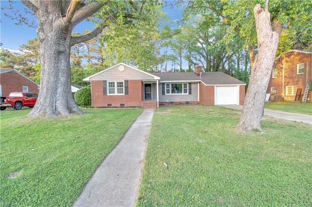 single story home with concrete driveway, crawl space, an attached garage, and a front yard