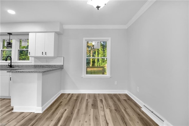kitchen featuring white cabinetry, a sink, a wealth of natural light, and baseboard heating
