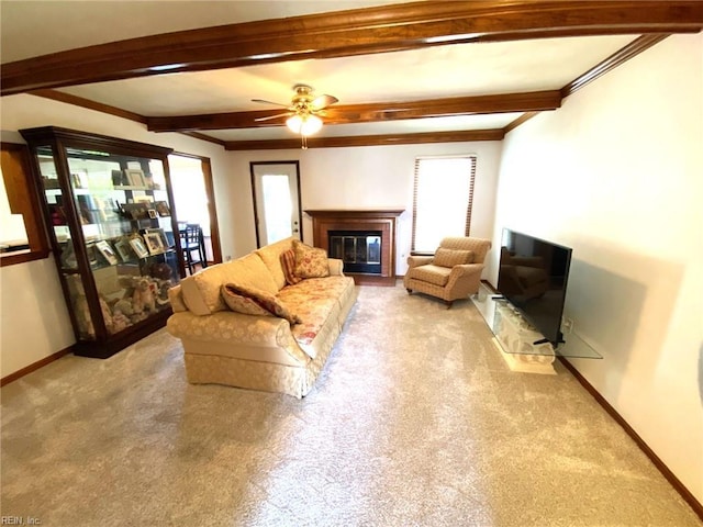 living room featuring ceiling fan, beam ceiling, carpet floors, a glass covered fireplace, and baseboards