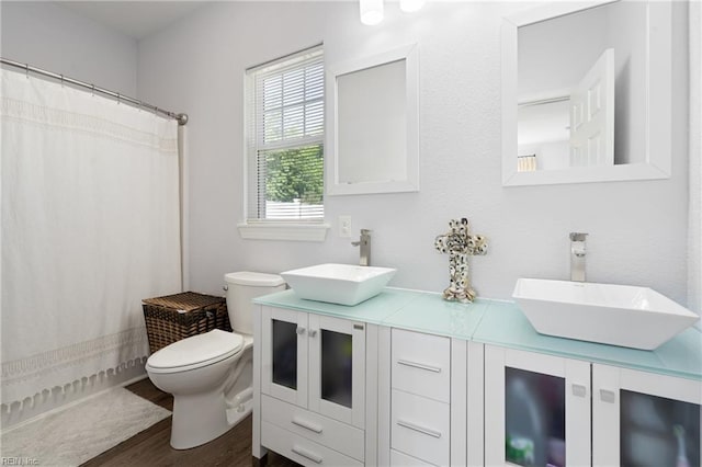 bathroom featuring double vanity, a sink, wood finished floors, and toilet