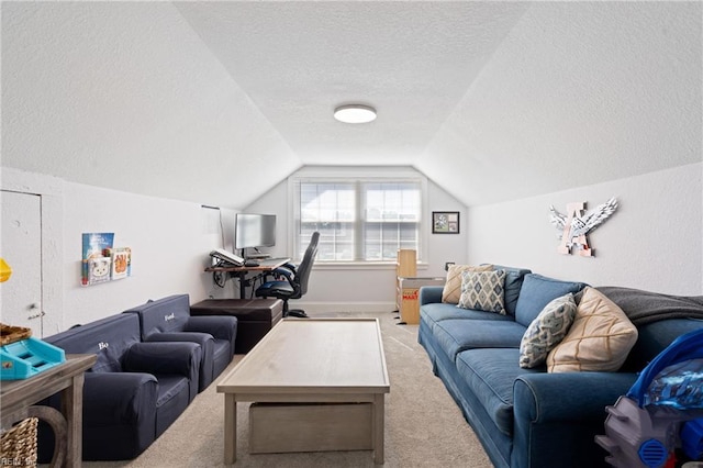 carpeted living room featuring a textured ceiling and lofted ceiling