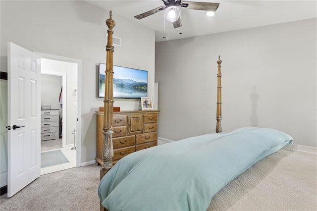 bedroom with visible vents, a ceiling fan, carpet, and baseboards