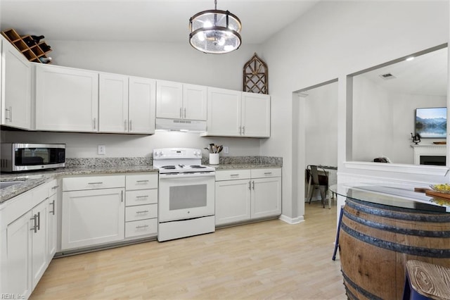 kitchen featuring white cabinets, high vaulted ceiling, stainless steel microwave, under cabinet range hood, and white electric range