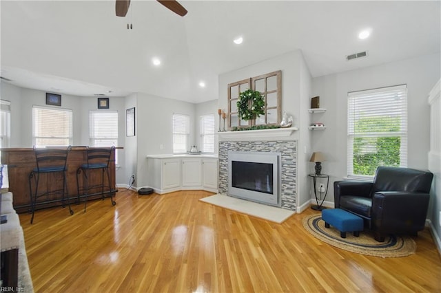 828 Vanderbilt Ave, Virginia Beach, VA 23451 - living area with visible vents, light wood-style floors, a healthy amount of sunlight, and a fireplace
