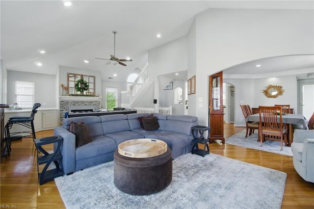 828 Vanderbilt Ave, Virginia Beach, VA 23451 - living area with ceiling fan, vaulted ceiling, a wealth of natural light, and stairway