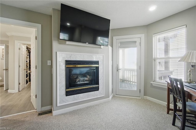 828 Vanderbilt Ave, Virginia Beach, VA 23451 - living room featuring baseboards, carpet, visible vents, and a fireplace