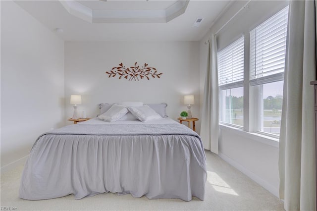 bedroom featuring baseboards, carpet flooring, and a tray ceiling