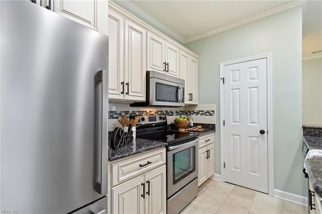 kitchen with crown molding, backsplash, appliances with stainless steel finishes, and light tile patterned floors