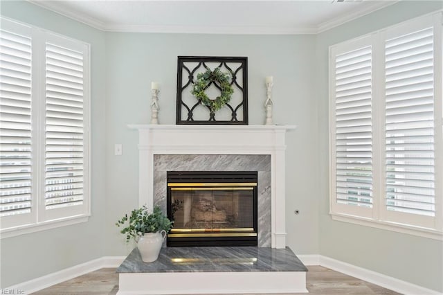 details with a high end fireplace, baseboards, crown molding, and wood finished floors