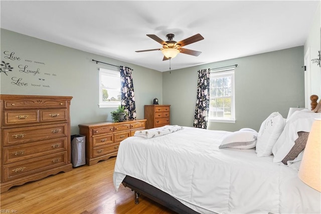 bedroom featuring light wood-style flooring and ceiling fan
