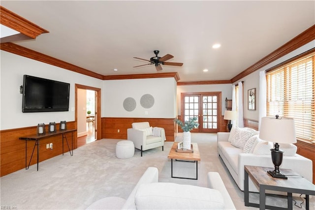1263 Murphys Mill Rd, Suffolk, VA 23434 - carpeted living area featuring ceiling fan, wainscoting, wood walls, recessed lighting, and ornamental molding