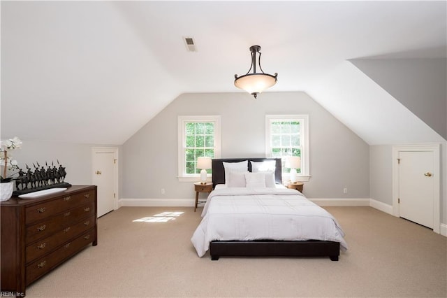 1263 Murphys Mill Rd, Suffolk, VA 23434 - bedroom with baseboards, light carpet, lofted ceiling, and visible vents