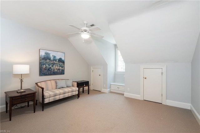 1263 Murphys Mill Rd, Suffolk, VA 23434 - living area featuring baseboards, a ceiling fan, lofted ceiling, and light carpet