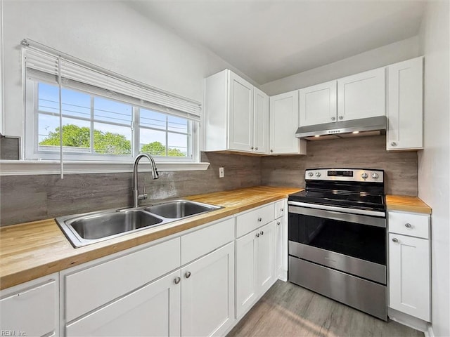 kitchen featuring under cabinet range hood, electric range, wooden counters, and a sink