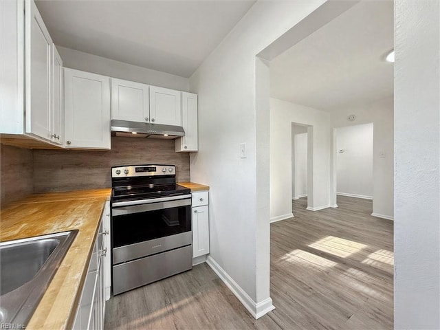 kitchen with under cabinet range hood, stainless steel electric range, wooden counters, and a sink