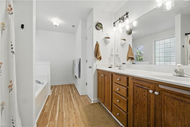 1728 Eleni Ct, Virginia Beach, VA 23453 - bathroom with double vanity, a sink, wood finished floors, and a bath