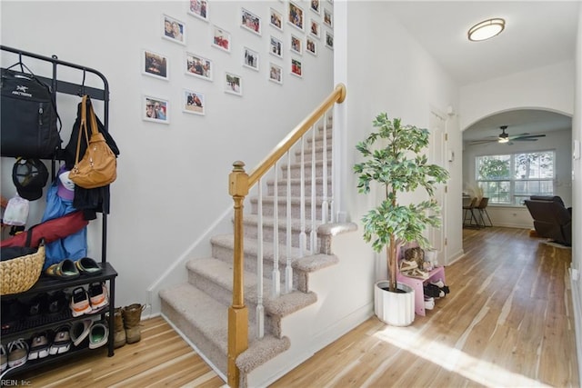 1728 Eleni Ct, Virginia Beach, VA 23453 - staircase with a ceiling fan, baseboards, wood finished floors, and arched walkways
