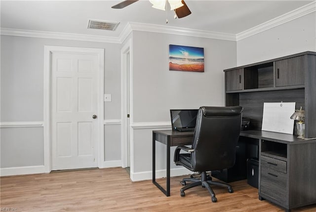 home office with ornamental molding, a ceiling fan, light wood-style flooring, and visible vents