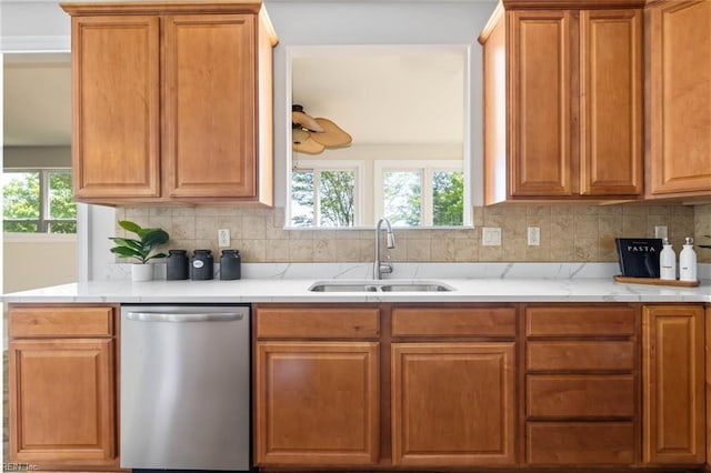 kitchen featuring backsplash, plenty of natural light, a sink, and dishwasher