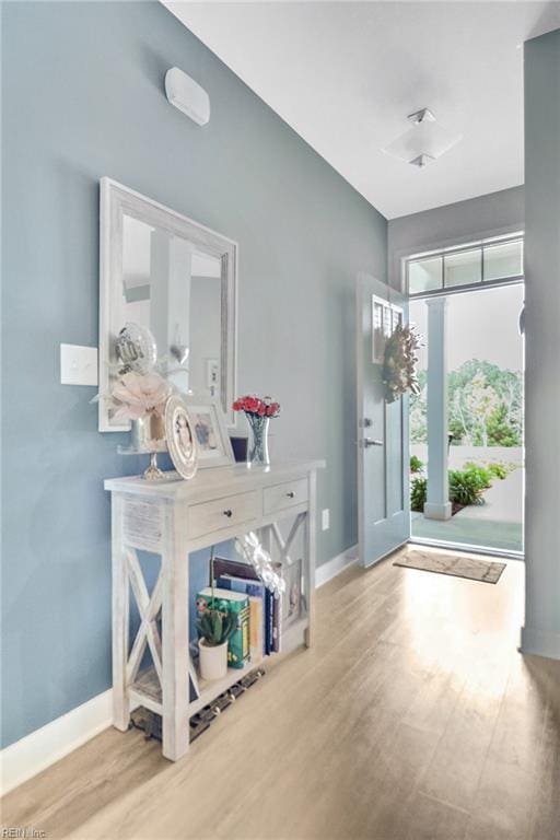 foyer entrance featuring baseboards and wood finished floors