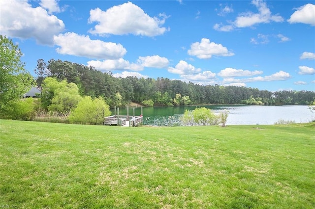 view of yard featuring a water view, a dock, and a forest view