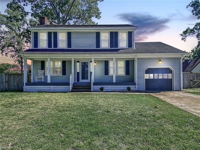view of front facade with fence, a garage, a chimney, covered porch, and driveway