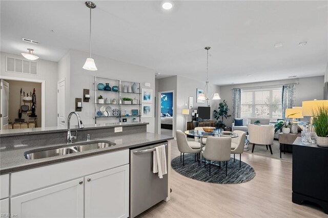 1728 Vankar Dr, Virginia Beach, VA 23456 - kitchen featuring visible vents, open floor plan, white cabinetry, a sink, and dishwasher