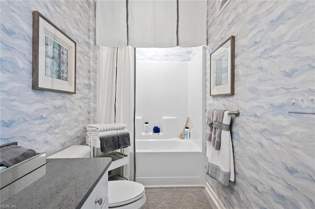1728 Vankar Dr, Virginia Beach, VA 23456 - bathroom featuring vanity, shower / washtub combination, toilet, and wallpapered walls