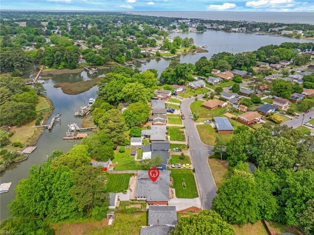 drone / aerial view with a water view