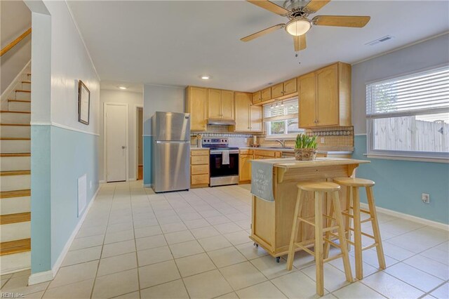 kitchen featuring backsplash, appliances with stainless steel finishes, light countertops, a sink, and under cabinet range hood