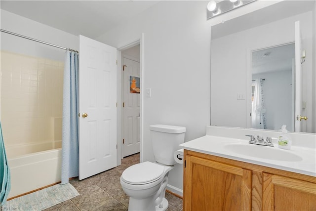 bathroom with vanity, tile patterned flooring, toilet, and shower / bathtub combination with curtain