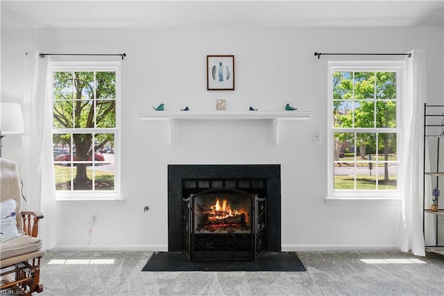 details featuring baseboards, a fireplace with flush hearth, and carpet