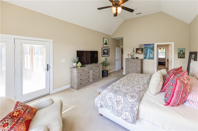 1829 Fury Way, Virginia Beach, VA 23456 - carpeted bedroom with visible vents, baseboards, high vaulted ceiling, access to outside, and a ceiling fan